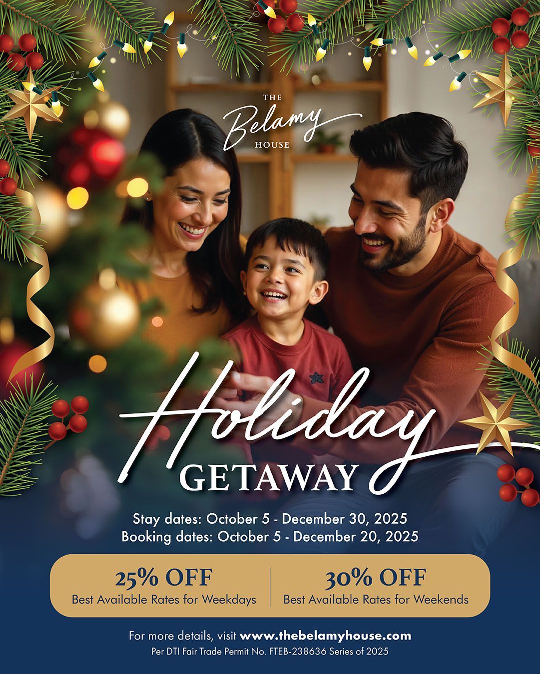 The Belamy House promo: 30% off, plus breakfast for 2 and an additional 20% off on your 3rd night.