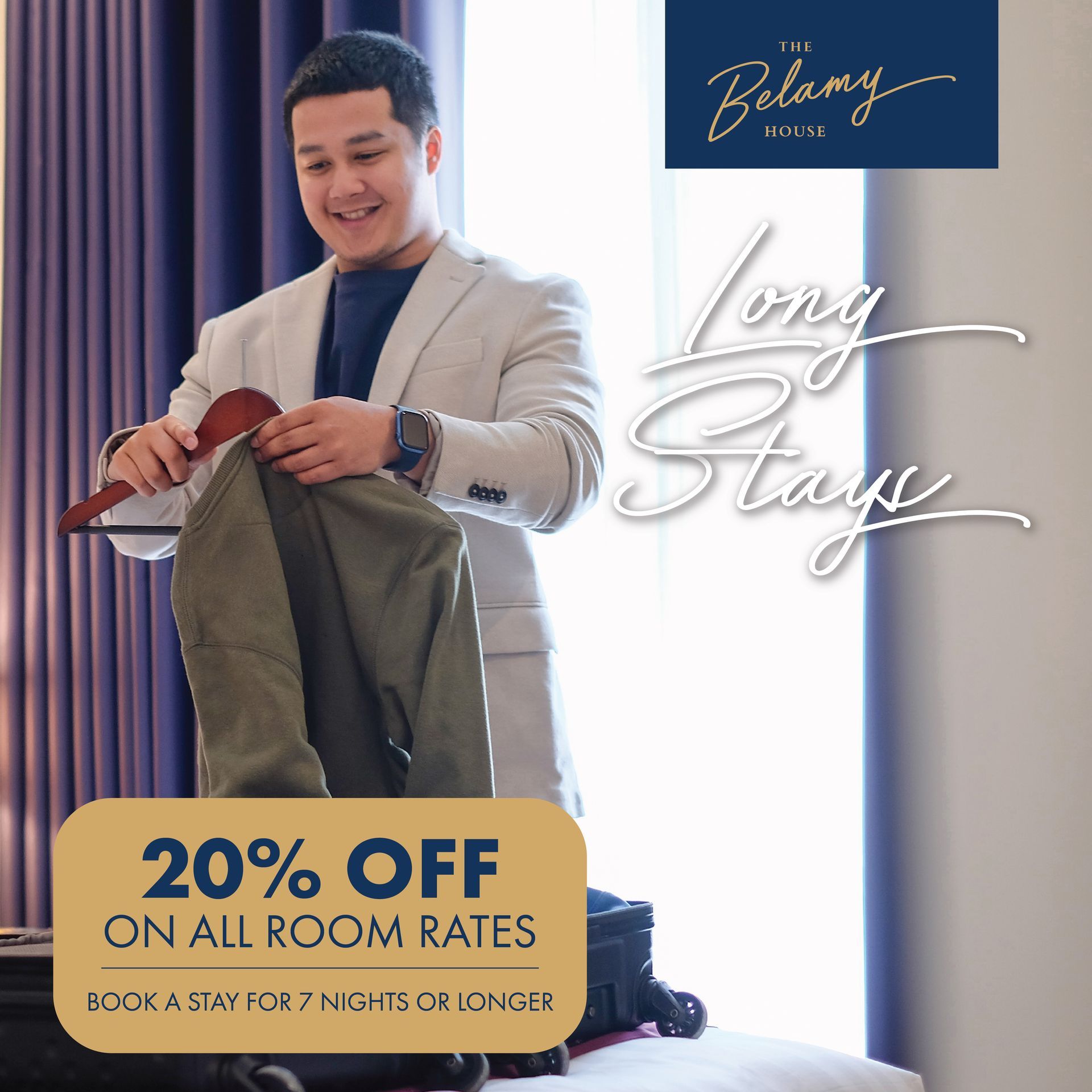 A long stay offer at Belamy House for an affordable staycation in Makati, showing a guest with his luggage and a 20% discount.