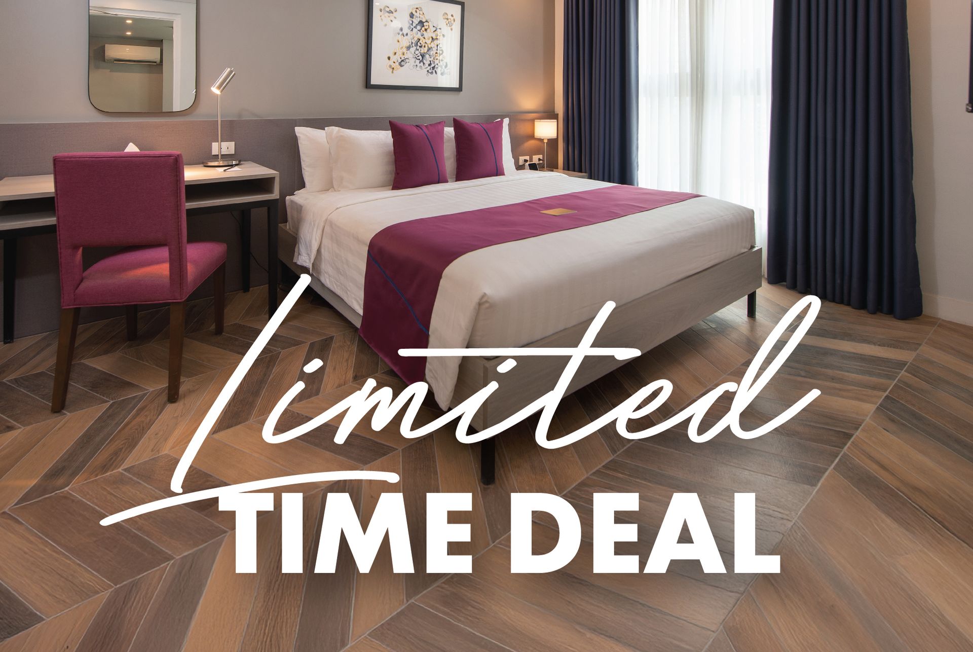 A 'Limited Time Deal' from Belamy House for an affordable staycation in Makati, with a photo of a modern and comfortable hotel bedroom.