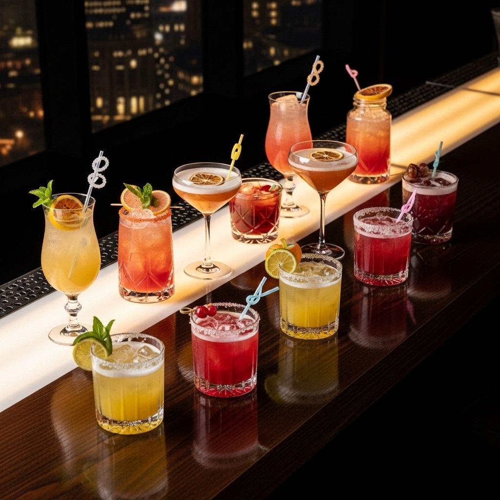 Cocktails lined up on a bar with cityscape background, many colors, various glasses and garnishes.