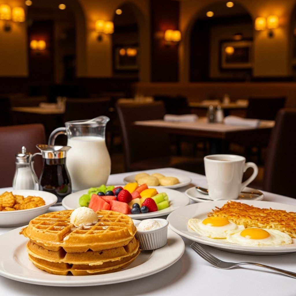 Breakfast table with waffles, eggs, fruit, and coffee in a restaurant.