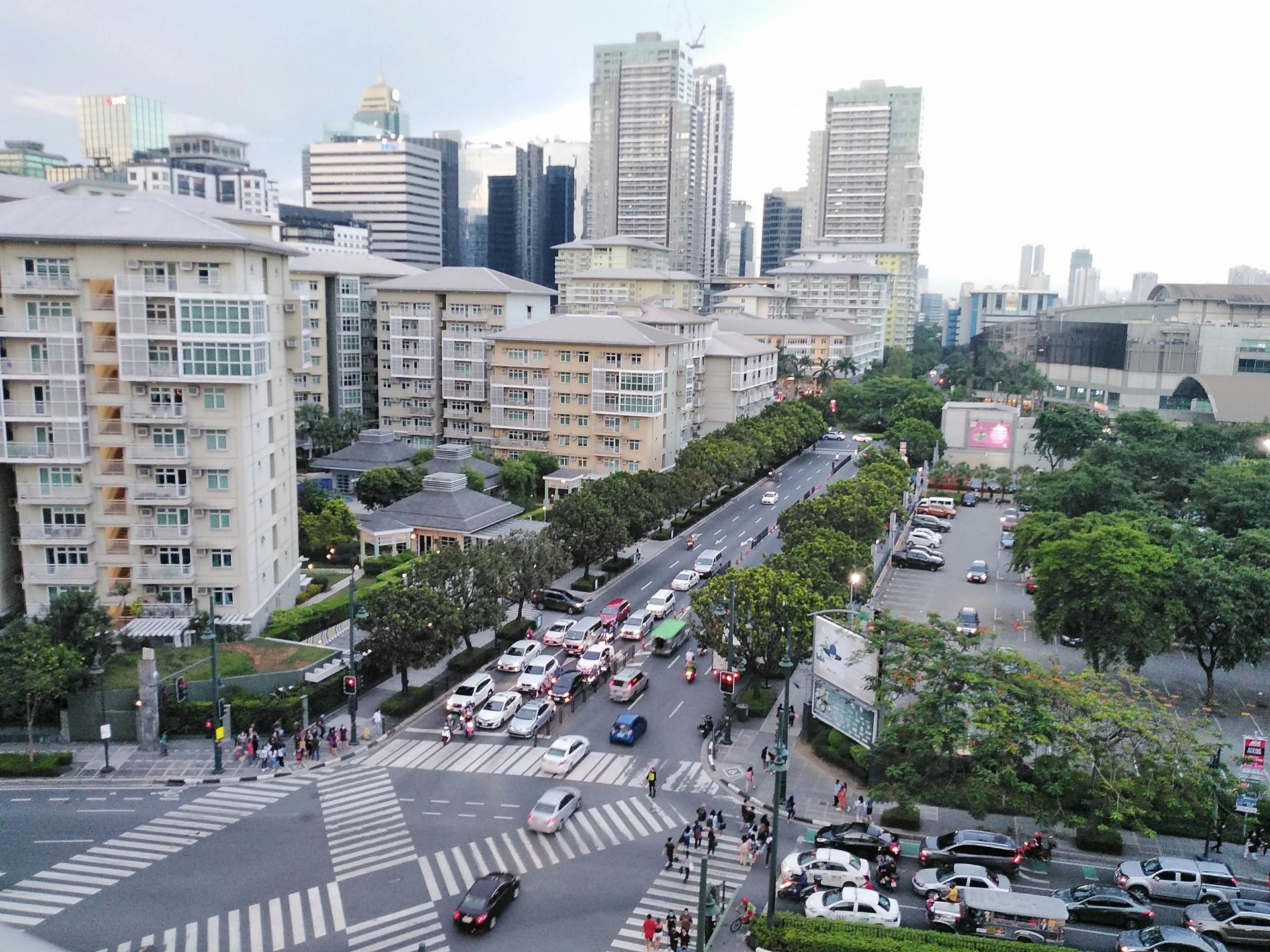 Makati skyline and street view from hotels in Poblacion Makati location.