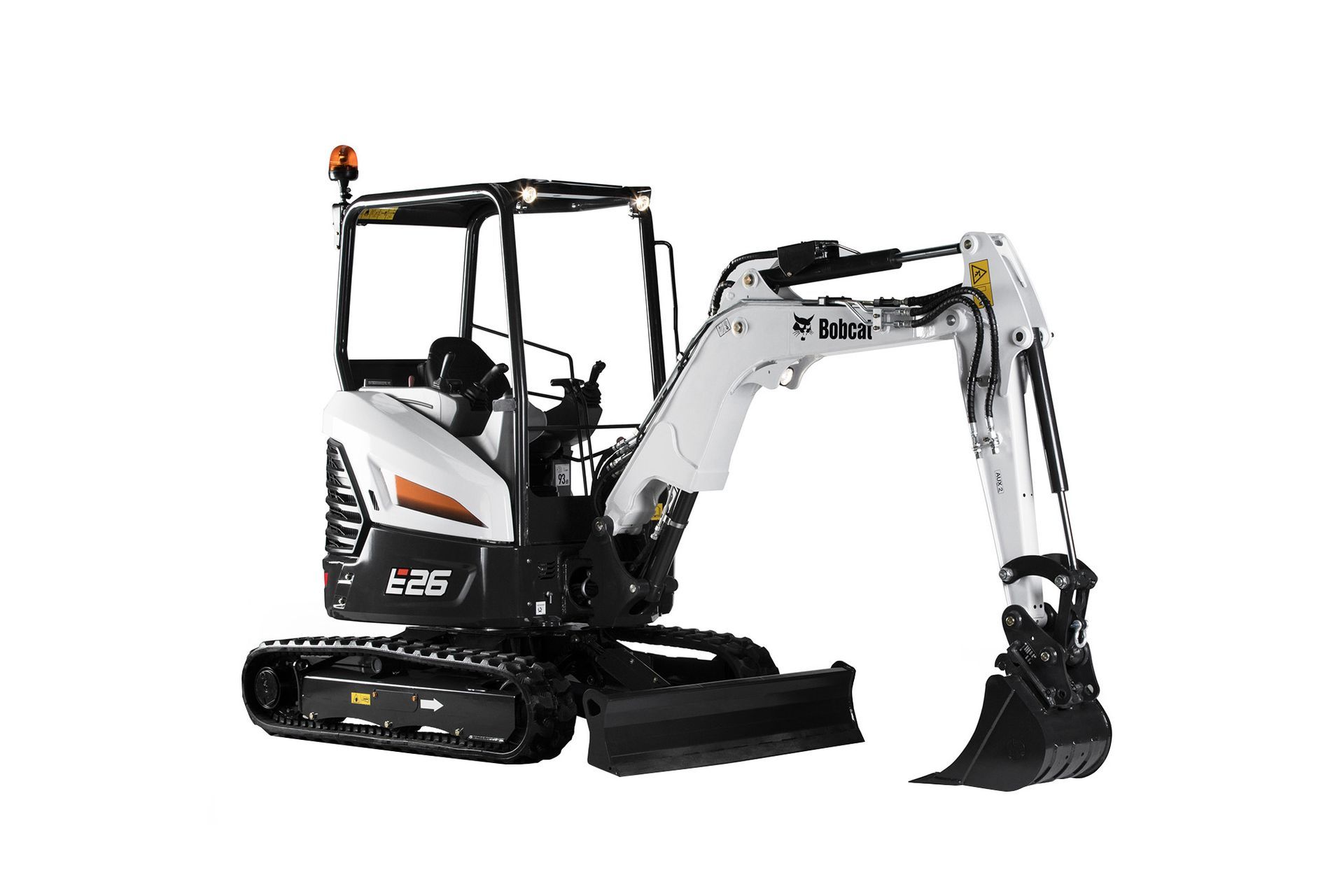 Bobcat E26 mini excavator, white and black, parked on tracks, with arm extended.