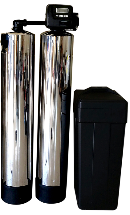 Water filtration system with two silver tanks and a black salt storage unit.