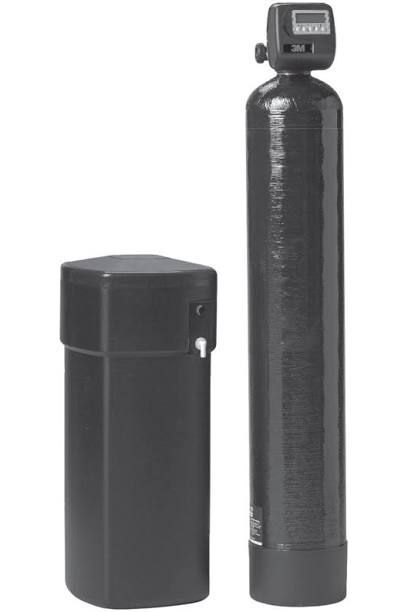 Black water softener system with a tall tank and a salt storage container. The tank has a digital control panel.