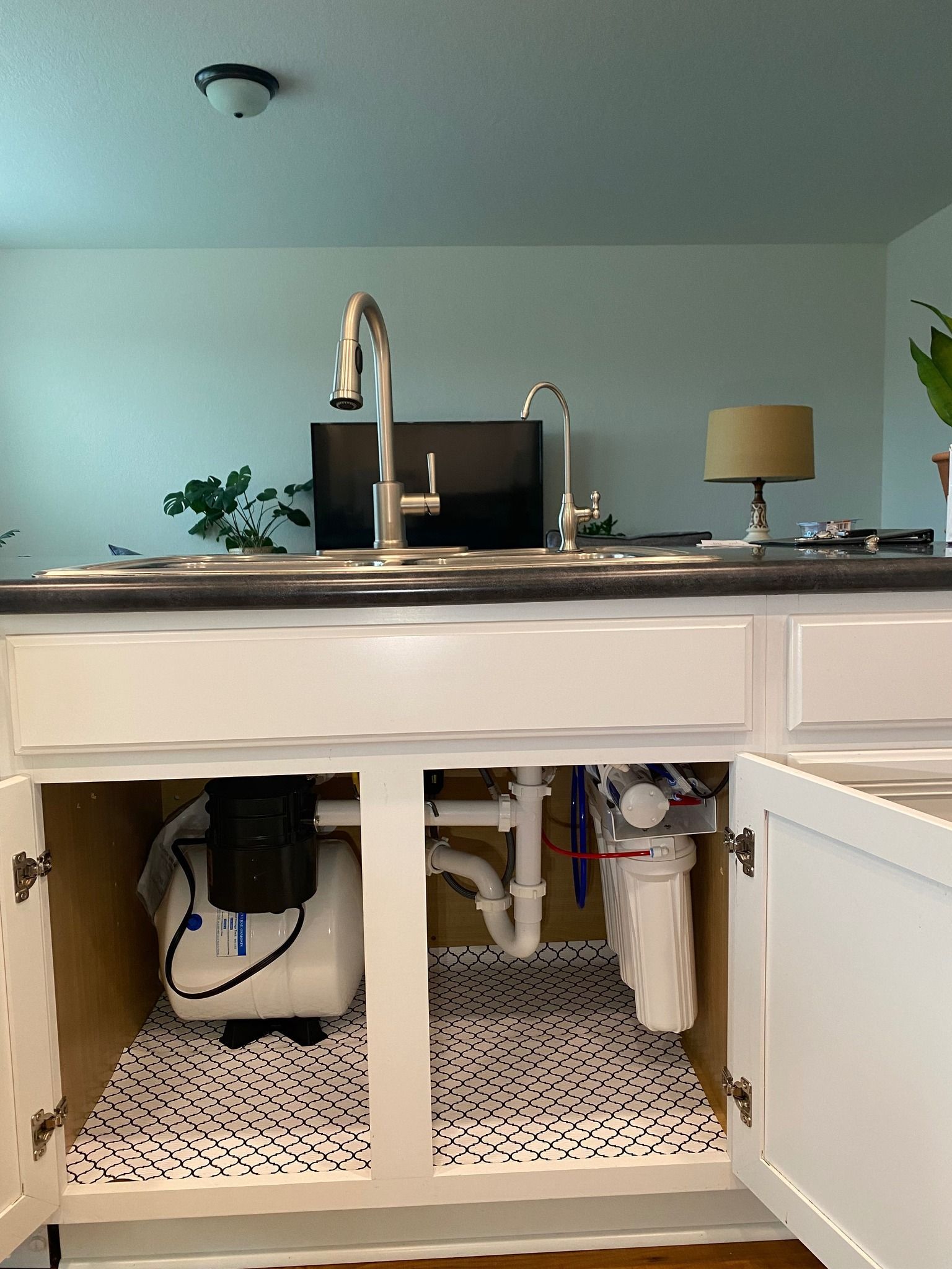 Undersink water filter setup. White cabinets open, showing water filtration system and plumbing below kitchen sink.