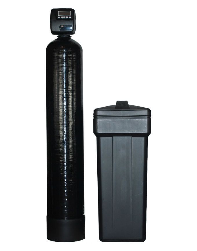 A water softener system featuring a tall black tank with a digital display and a separate black salt storage tank.