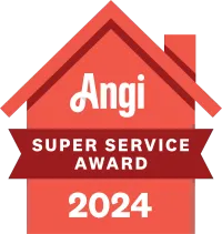 Angi Super Service Award badge, red house shape, white text, "Angi", "Super Service Award", and "2024".