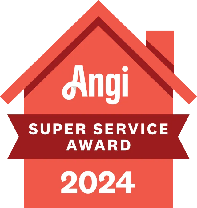 Angi Super Service Award badge, red house shape, white text, "Angi", "Super Service Award", and "2024".