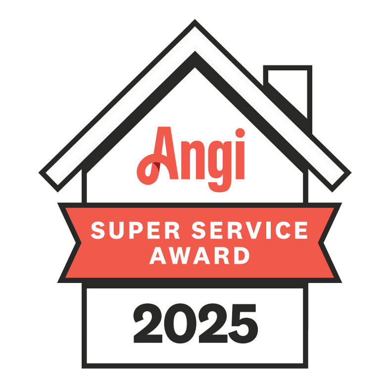 Angi Super Service Award 2025 badge: red Angi logo, banner, and house outline.