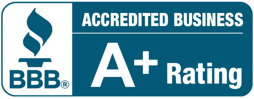 BBB Accredited Business with an A+ rating; blue and white logo.