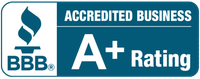 BBB Accredited Business with an A+ Rating, dark blue and white colors.