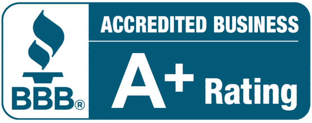 BBB Accredited Business with an A+ Rating, dark blue and white colors.