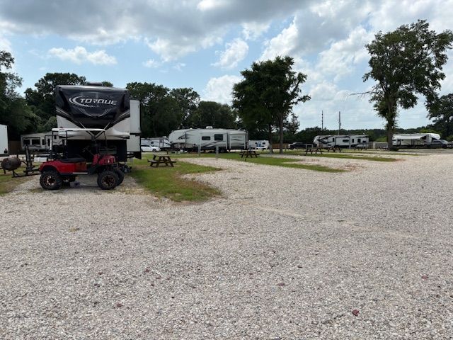 RV park with gravel lots, RVs parked, cloudy sky.