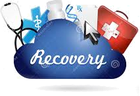 A blue cloud with the word recovery written on it surrounded by medical icons.