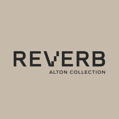 A logo for reverb curated liv on a beige background