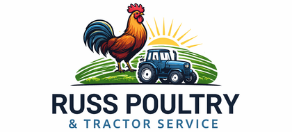 Logo of a rooster and tractor on a farm, with the words