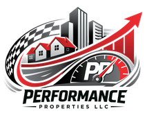 Performance Properties LLC logo with houses, skyline, red upward arrow, and black checkered swoosh