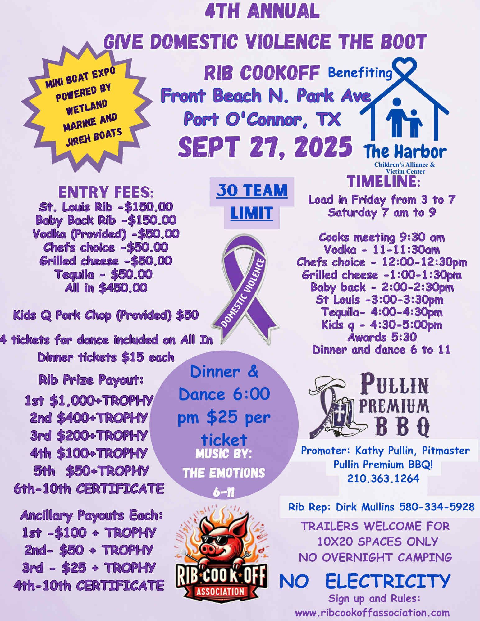 Poster for the 4th Annual Give Domestic Violence the Boot Rib Cookoff in Port O'Connor, TX. Benefits The Harbor. Sept 27, 2025.