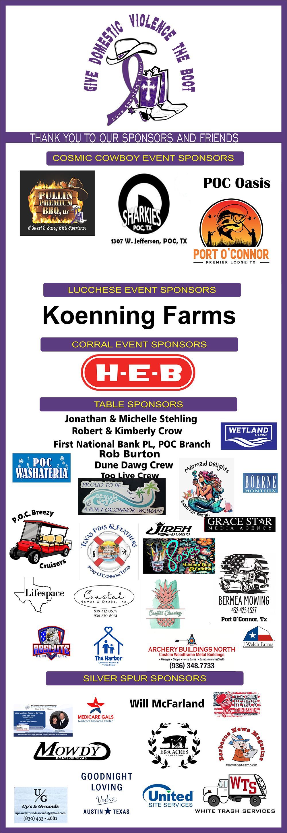 Flyer for an event, includes logos for vendors and sponsors. Purple border and text, the main sponsor is HEB.