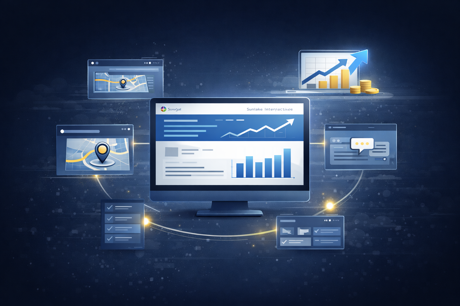 Analytics dashboard with charts and widgets on multiple screens over a dark blue background