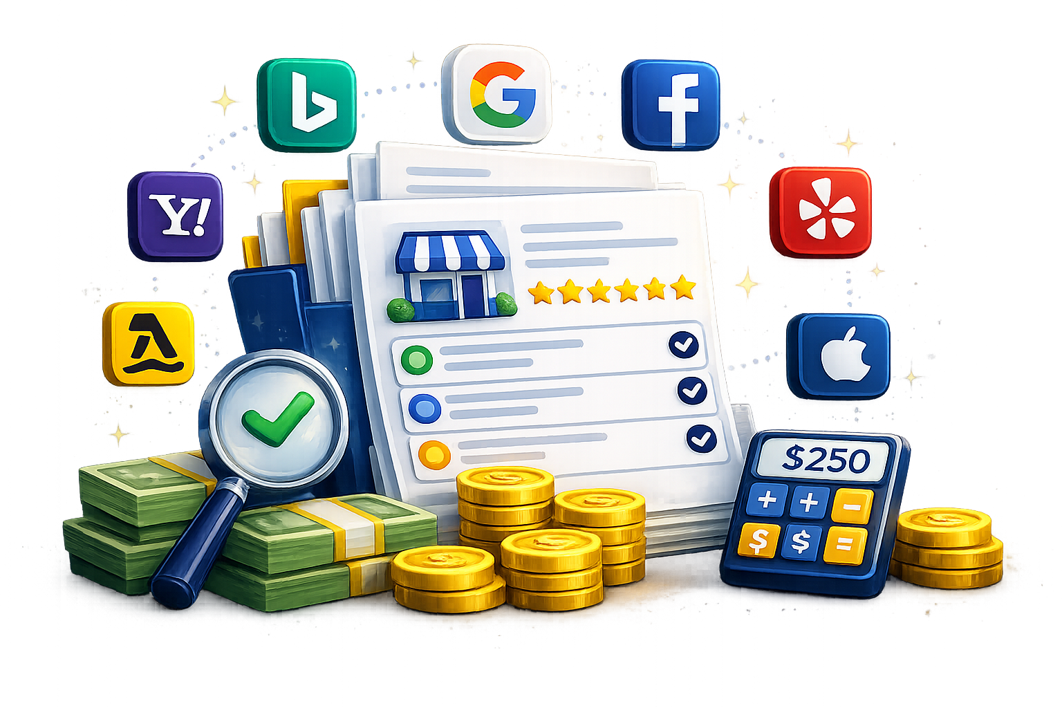 Online ratings and review app icons around a storefront, coins, calculator, and magnifying glass