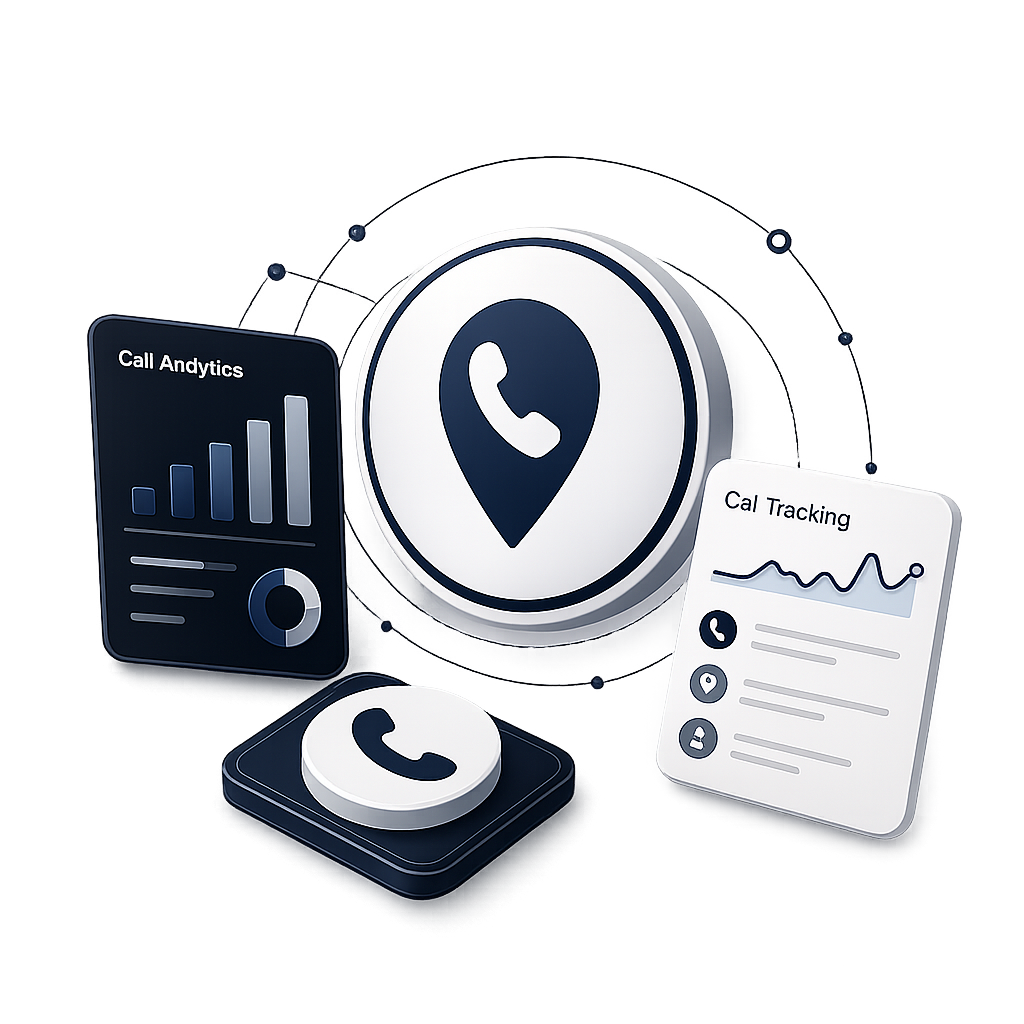 Phone location tracking dashboard with map pin, analytics charts, and contact card on white background