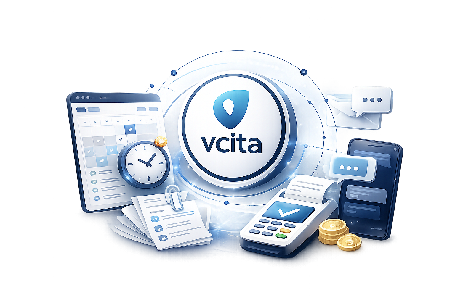 Vcita logo centered with calendar, clock, invoice, phone, chat bubbles, and coins on a blue-white business dashboard backdrop