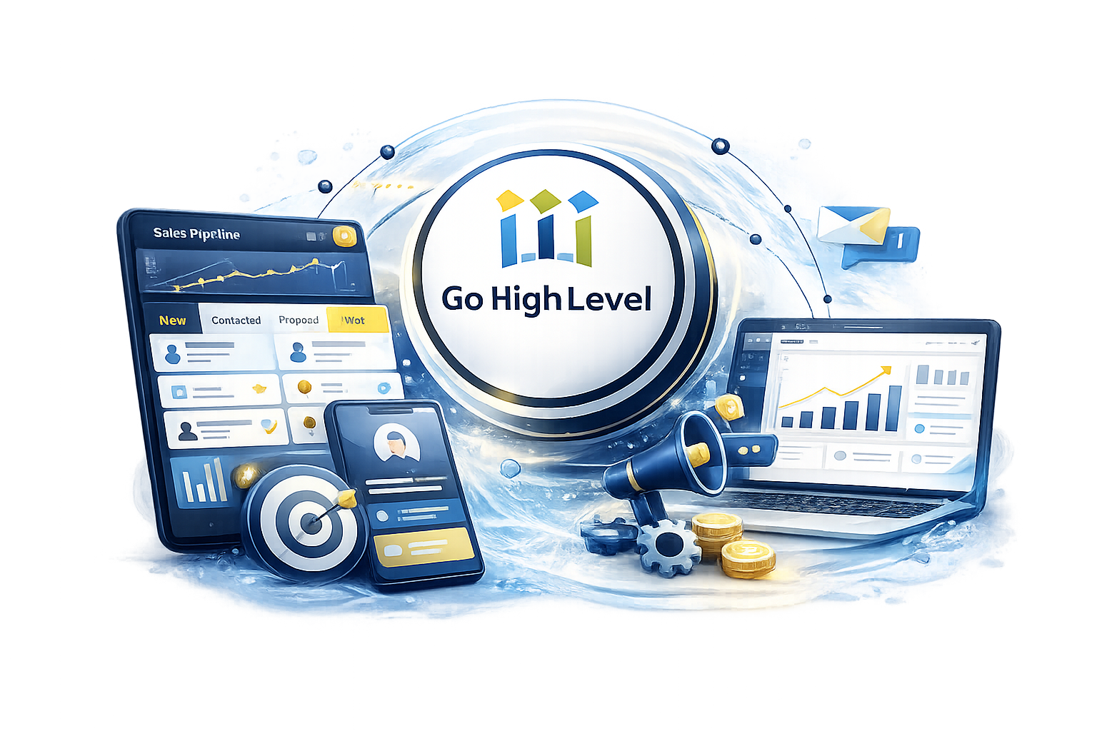 GoHighLevel marketing dashboard on a laptop, phone, and monitor with charts and analytics icons
