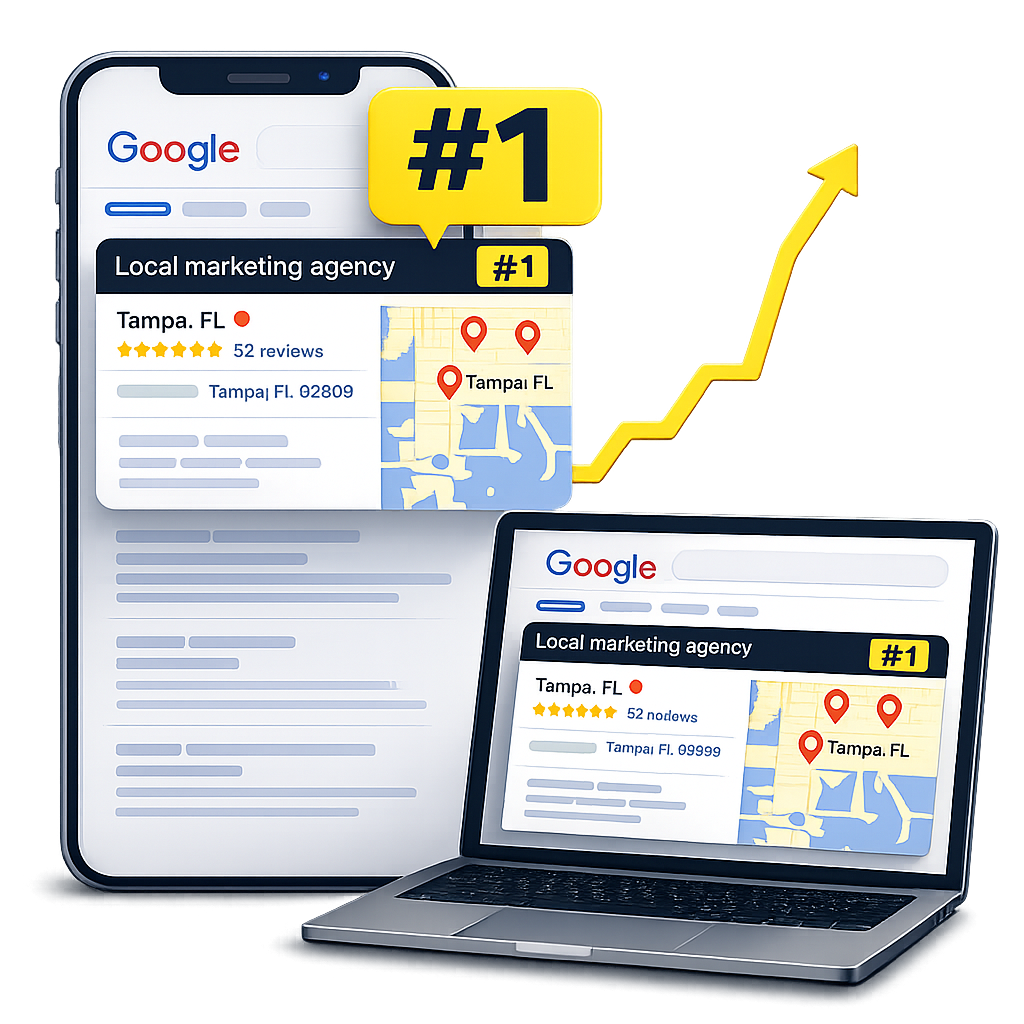 Phone and laptop showing a top-ranked local marketing agency listing with yellow #1 badge and upward arrow