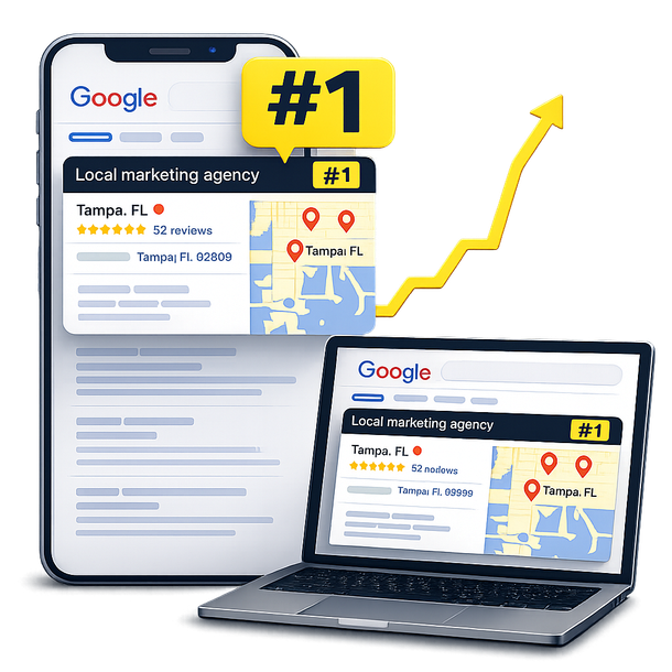 Phone and laptop showing a top-ranked local marketing agency listing with yellow #1 badge and upward arrow