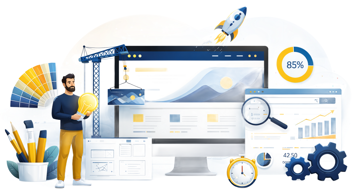 Web development dashboard with computer screen, tools, gears, magnifier, and progress chart in blue and yellow