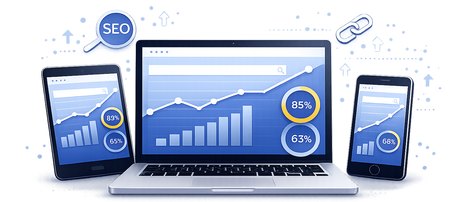 Laptop and mobile devices showing blue SEO analytics charts and growth graphs