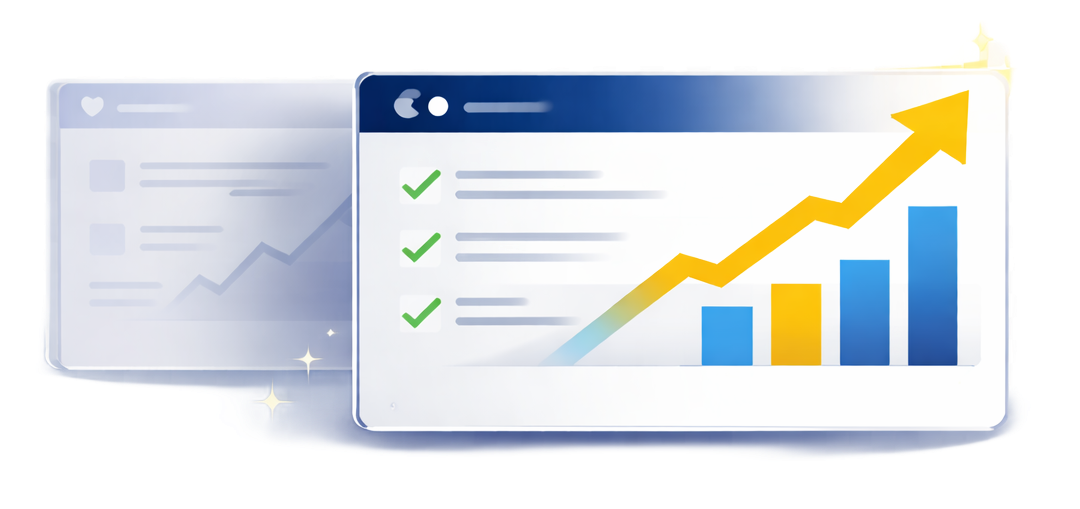 Analytics dashboard with green checkmarks and a rising yellow bar and line chart