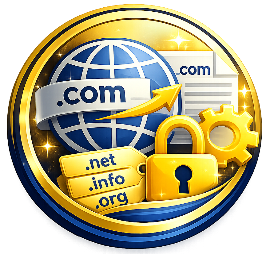 Web domain security icon with globe, .com tags, lock, gear, and documents