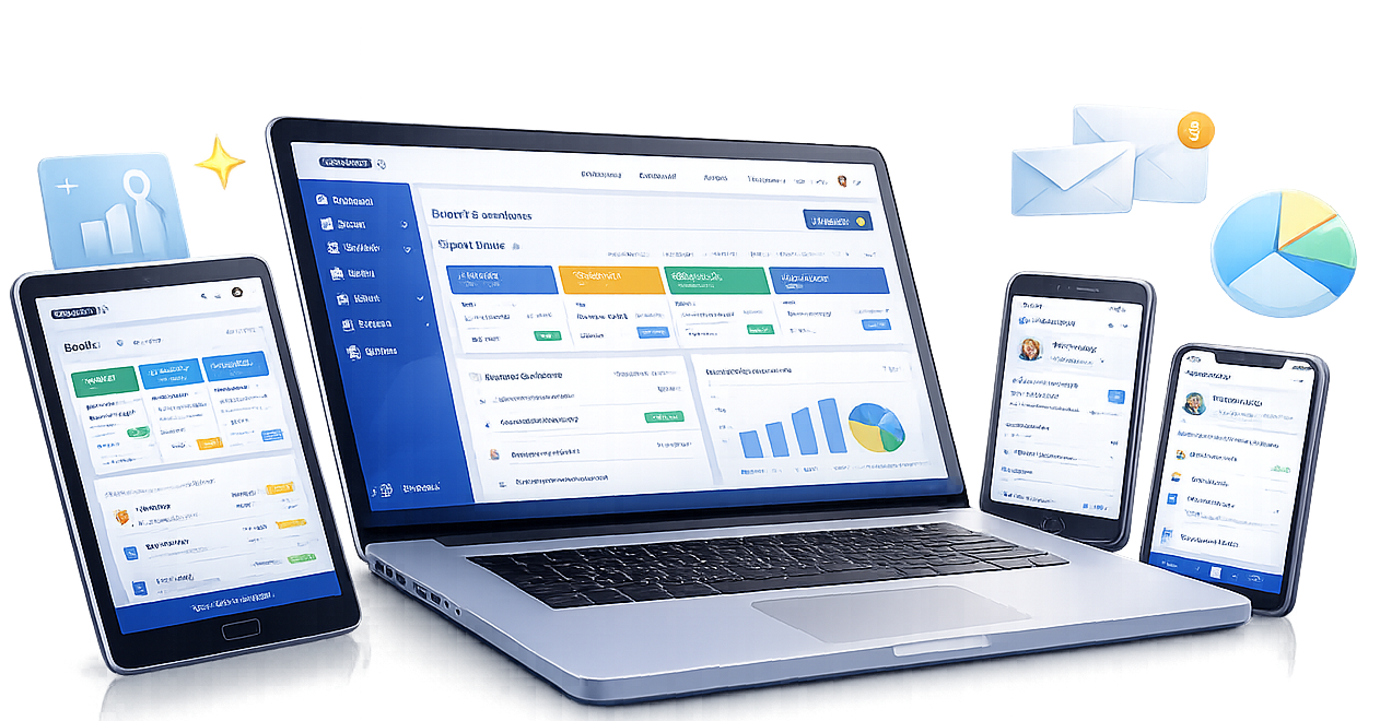 Business dashboard on laptop, tablet, and phones with charts and graphs on a clean white background