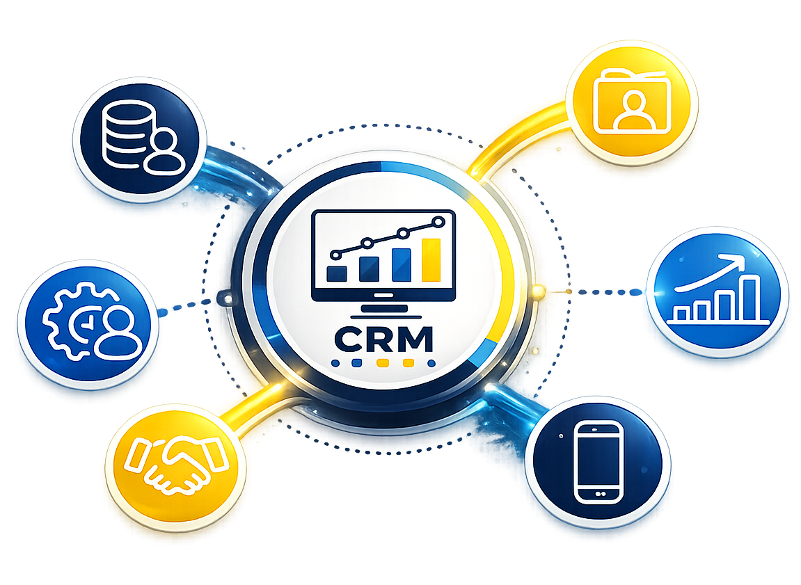 CRM dashboard graphic with connected blue and yellow icons for users, settings, sales, phone, and analytics