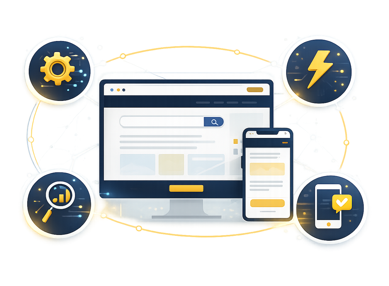 Responsive web design illustration with desktop and mobile screens, gear, magnifier, lightning, and check icons