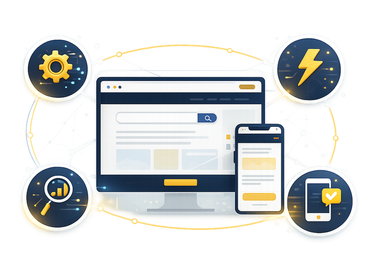 Responsive web design illustration with desktop and mobile screens, gear, magnifier, lightning, and check icons