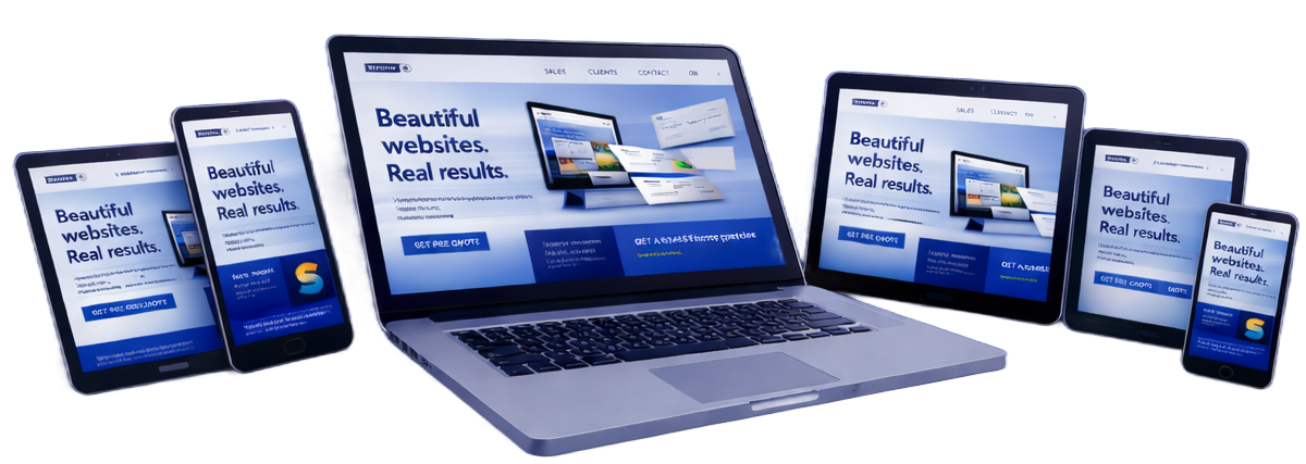 Laptops and tablets displaying a responsive website on a blue background