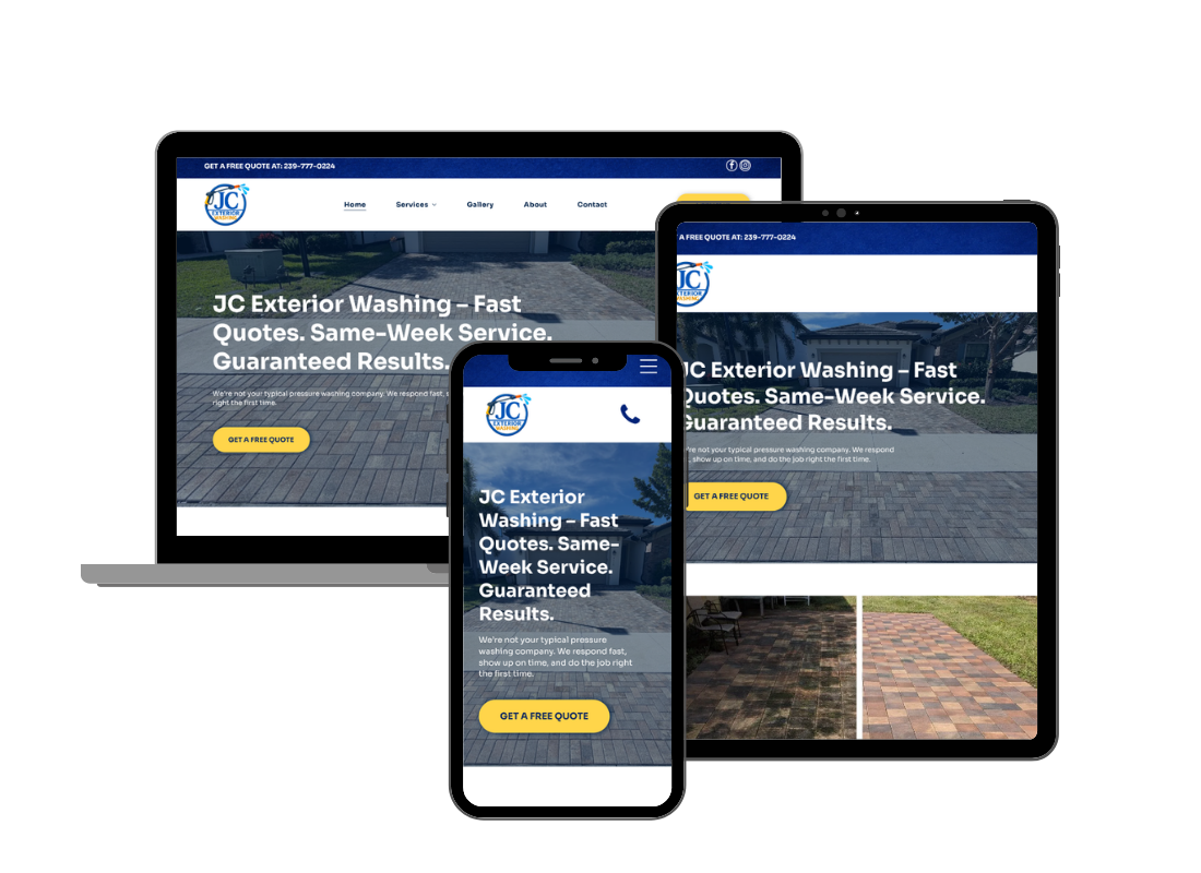 Responsive website mockup on laptop, tablet, and phone with blue header and yellow buttons