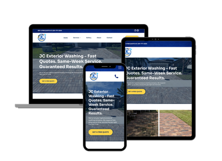 Responsive website mockup on laptop, tablet, and phone with blue header and yellow buttons