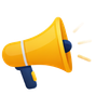 Yellow megaphone with blue handle emitting sound waves
