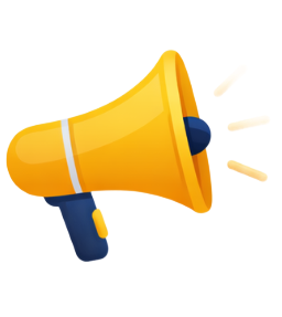 Yellow megaphone with blue handle emitting sound waves