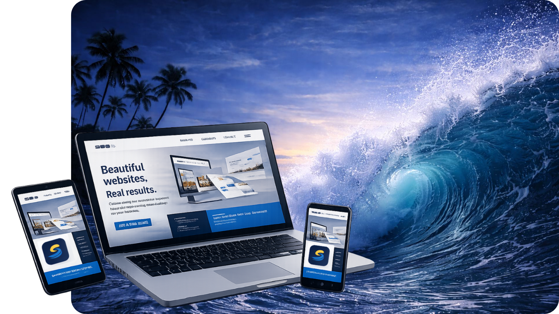 Laptop and phones displaying a website beside a crashing ocean wave at sunset
