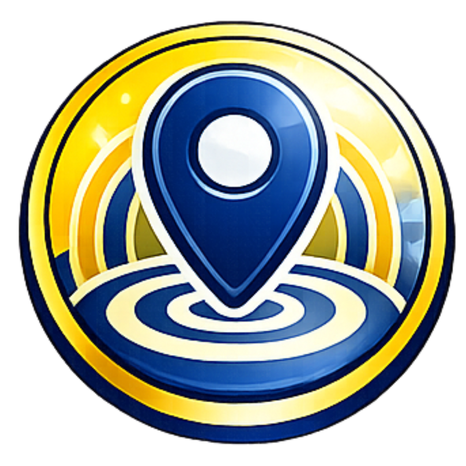 Blue map pin over concentric rings on a yellow and white circular emblem