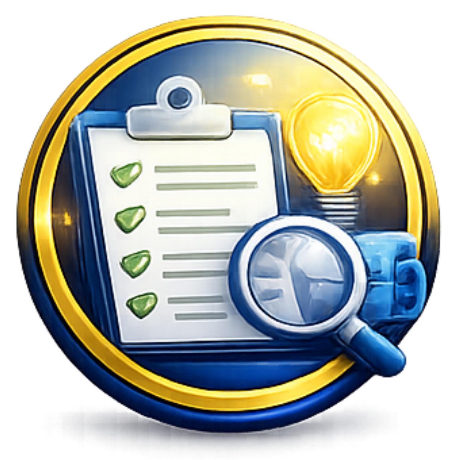 Clipboard checklist with magnifying glass and glowing lightbulb in a blue-and-gold icon