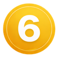 White number 6 on a yellow circular button with a thin white ring