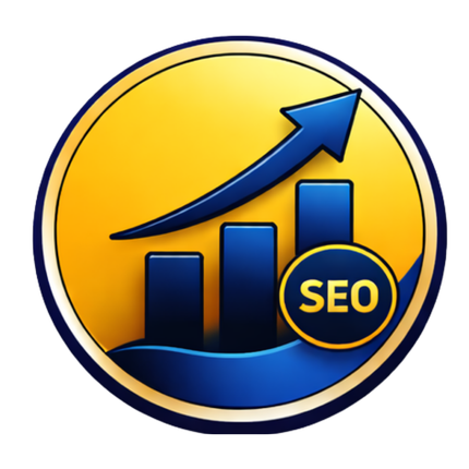 Blue and gold SEO icon with rising bar chart and upward arrow in a circular badge