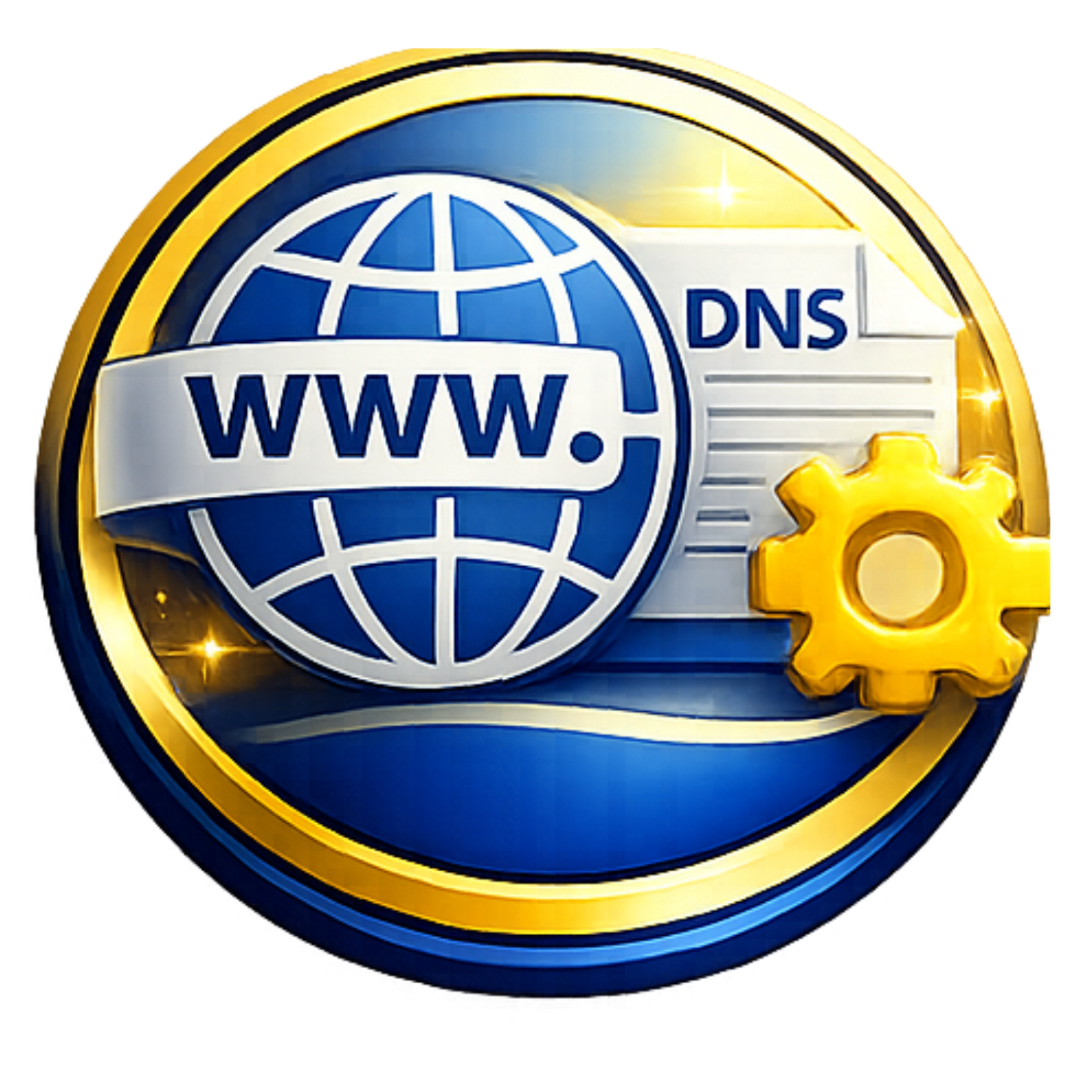 WWW and DNS globe icon with yellow gear on blue background